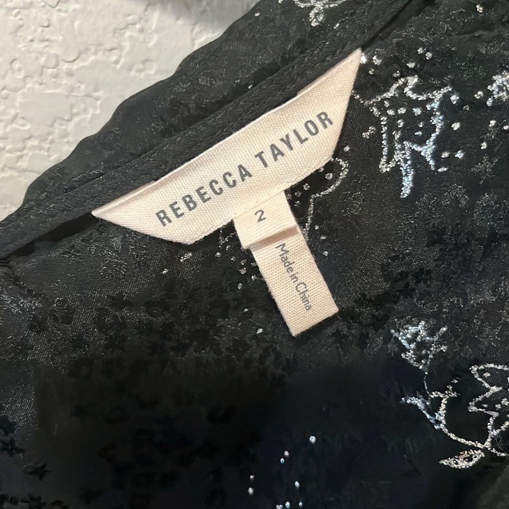REBECCA TAYLOR One Shoulder 100% Silk Black and Silver Glitter Top, Size 2 - Picture 8 of 12